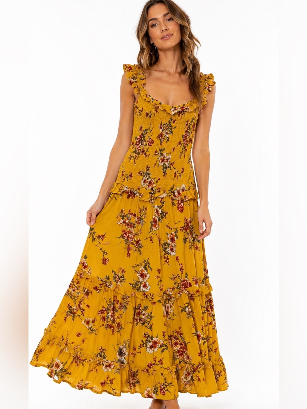 Anthropologie XS Abel The Label Yellow Floral Garden Smocked Tiered Maxi Dress